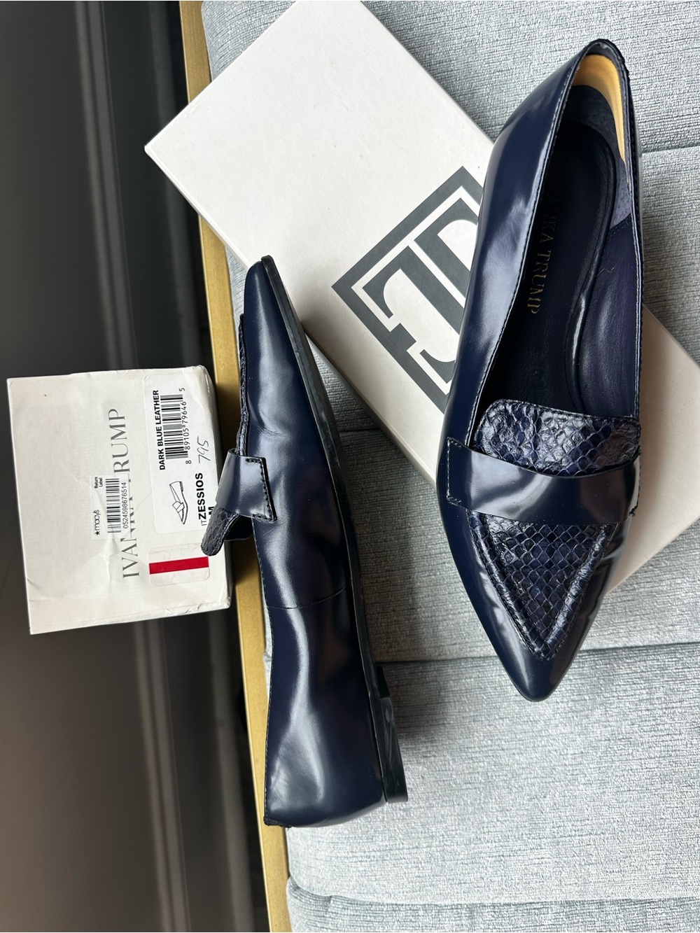 Ivanka Trump Navy Pointed Leather Penny Loafers